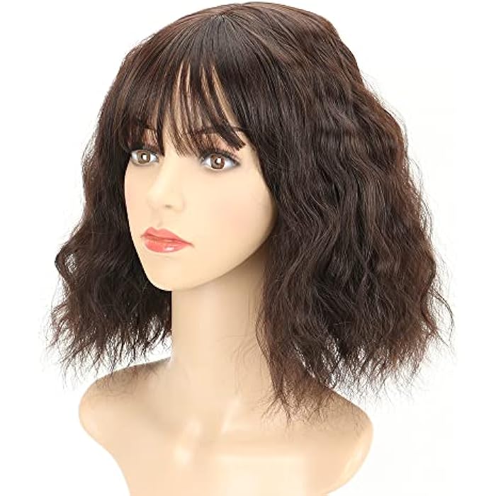 DILLARDS Eliza Curly Short Bob Wigs With Air Bangs 11 Inch Mixed Brown Synthetic Water Wavy Shaggy Bob Wigs For White Women Synthetic Cosplay Wig For Girls Daily Use Colorful Wigs(Mixed Brown) - Image 4